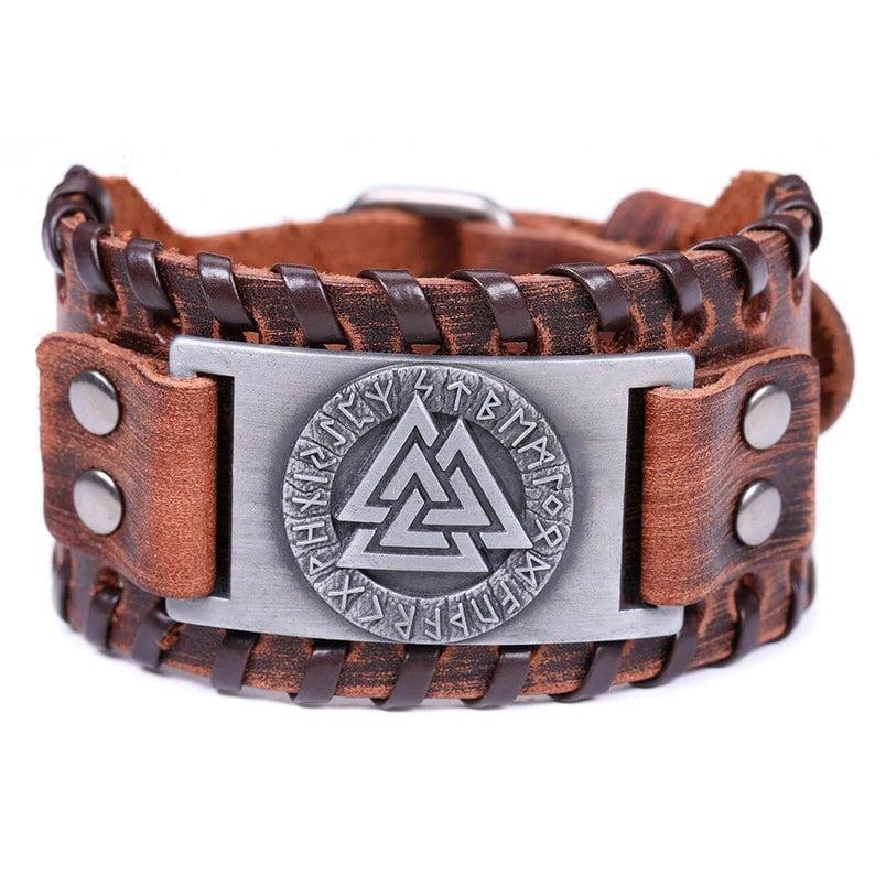 Viking Valknut Bracelet Wristband For Men And Women - Medieval Nordic Runes Symbol Engraved Brown Leather Bracelet - Lazzy Panda