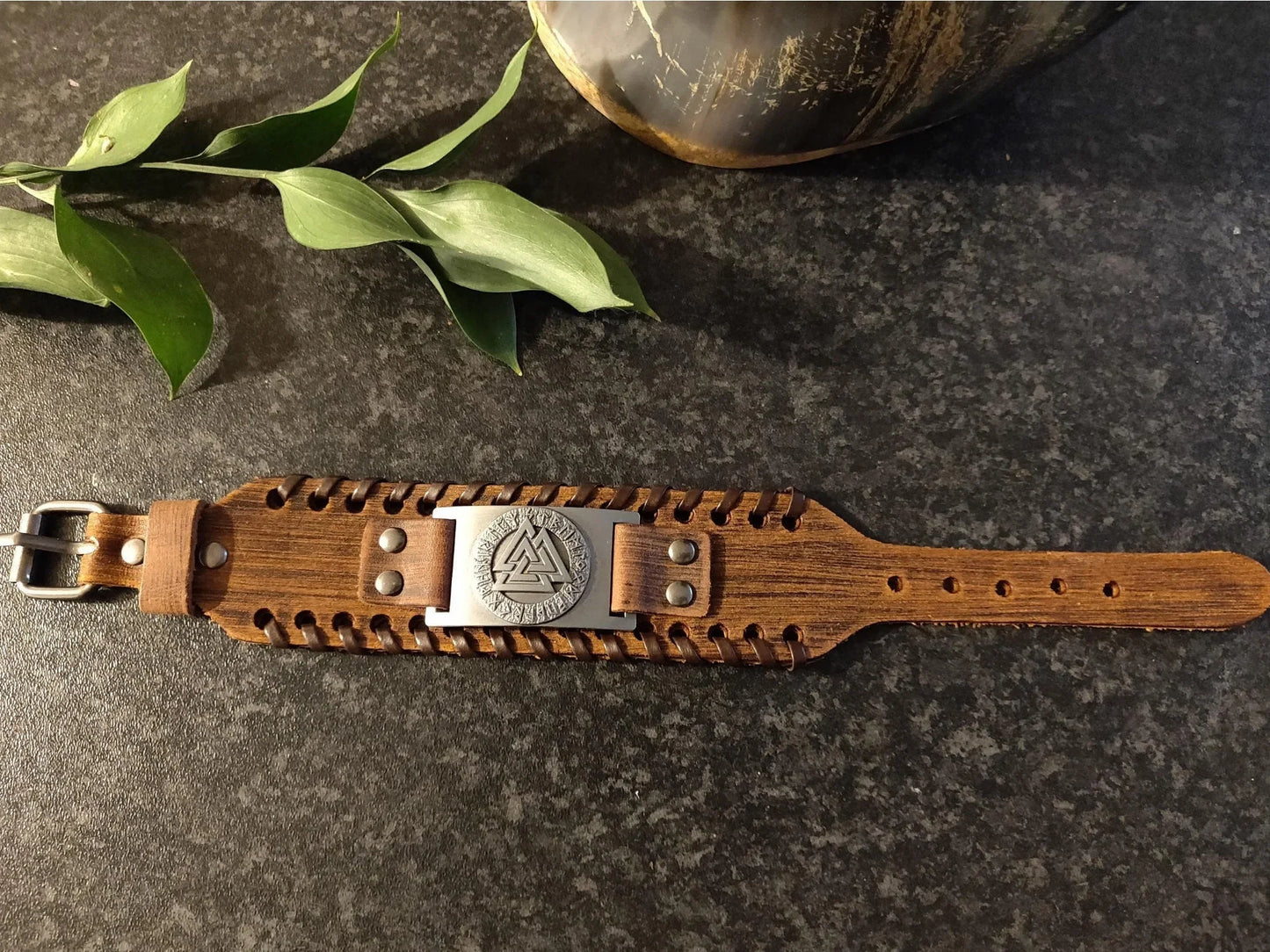 Viking Valknut Bracelet Wristband For Men And Women - Medieval Nordic Runes Symbol Engraved Brown Leather Bracelet - Lazzy Panda