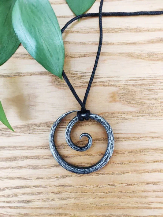 Medieval Viking Pendant Necklace - Celtic Spiral Hand-Forged Iron Styled Antique Adjustable Cord - Pendant Gift - Lazzy Panda