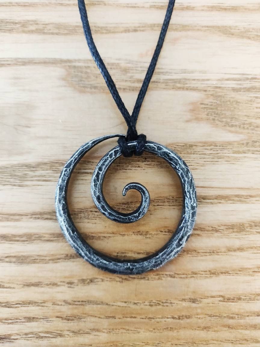 Medieval Viking Pendant Necklace - Celtic Spiral Hand-Forged Iron Styled Antique Adjustable Cord - Pendant Gift