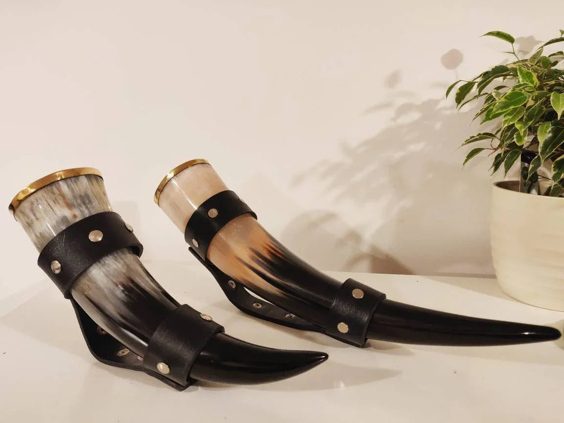 Viking Drinking Horn Cup With Leather Strap Handle - Viking Valhalla Norse Cup Decor Medieval Gift - Lazzy Panda
