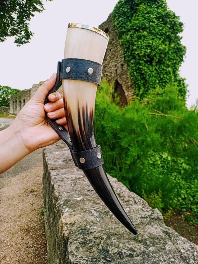 Viking Drinking Horn Cup With Leather Strap Handle - Viking Valhalla Norse Cup Decor Medieval Gift - Lazzy Panda