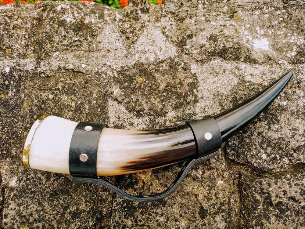 Viking Drinking Horn Cup With Leather Strap Handle - Viking Valhalla Norse Cup Decor Medieval Gift - Lazzy Panda