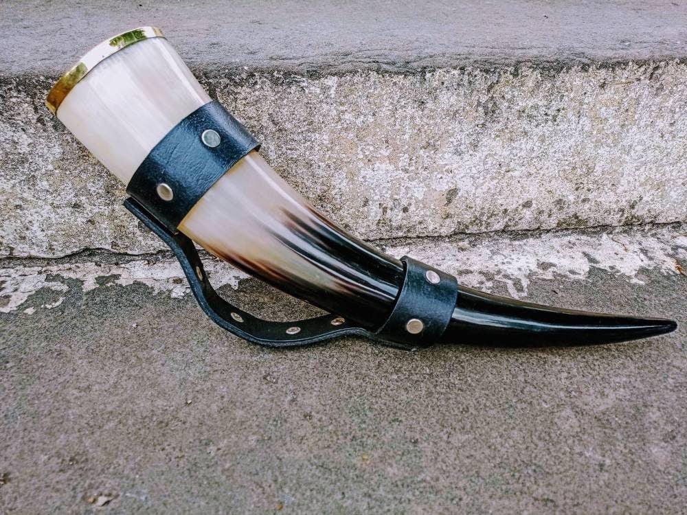 Viking Drinking Horn Cup With Leather Strap Handle - Viking Valhalla Norse Cup Decor Medieval Gift - Lazzy Panda