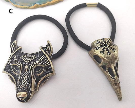 Viking Hair Band Pair For Women Helm Of Awe Raven Hair Ties - Fenrir Wolf Hair Ties - Medieval Hair Accessories - Lazzy Panda