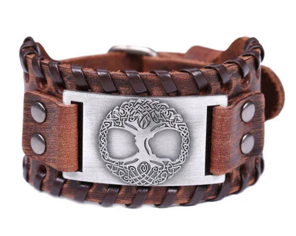 Leather Wristband Tree Engraving Medieval Rustic Band With Stripe Vintage Hand Jewelry - Lazzy Panda