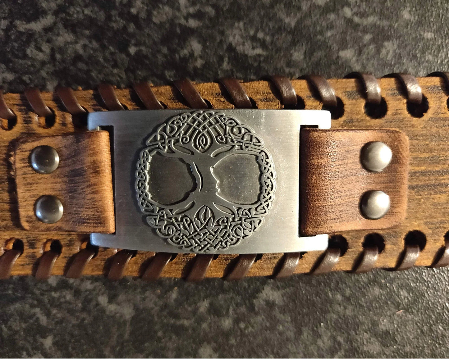 Leather Wristband Tree Engraving Medieval Rustic Band With Stripe Vintage Hand Jewelry - Lazzy Panda