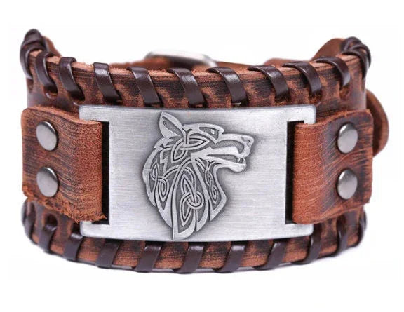 Fenrir Wolf Leather Wristband Band Bracelet For Men - Leather Wristband Wolf Engraving Cosplay Wristband Bracelet - Lazzy Panda