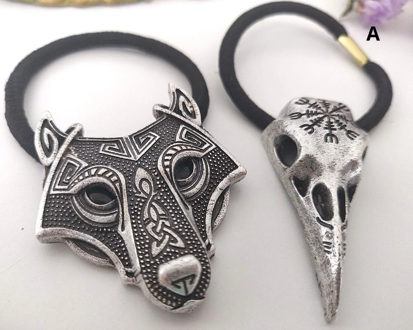 Viking Hair Band Pair For Women Helm Of Awe Raven Hair Ties - Fenrir Wolf Hair Ties - Medieval Hair Accessories - Lazzy Panda