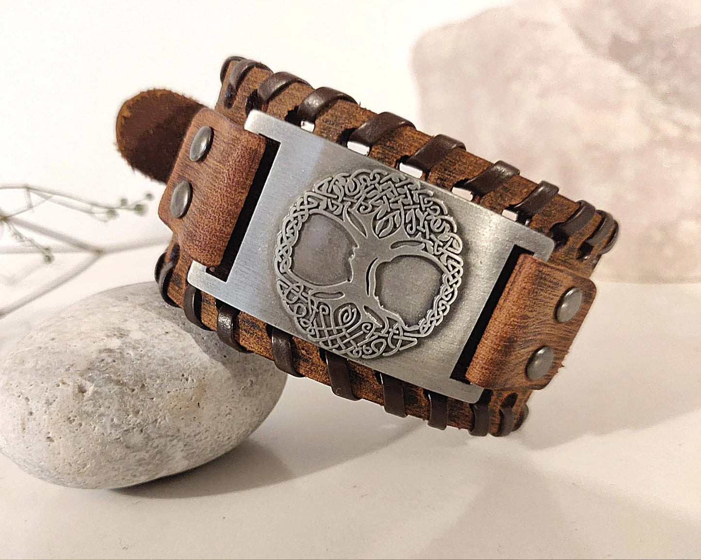 Leather Wristband Tree Engraving Medieval Rustic Band With Stripe Vintage Hand Jewelry - Lazzy Panda