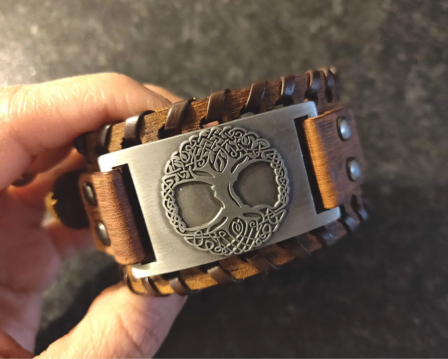 Leather Wristband Tree Engraving Medieval Rustic Band With Stripe Vintage Hand Jewelry - Lazzy Panda