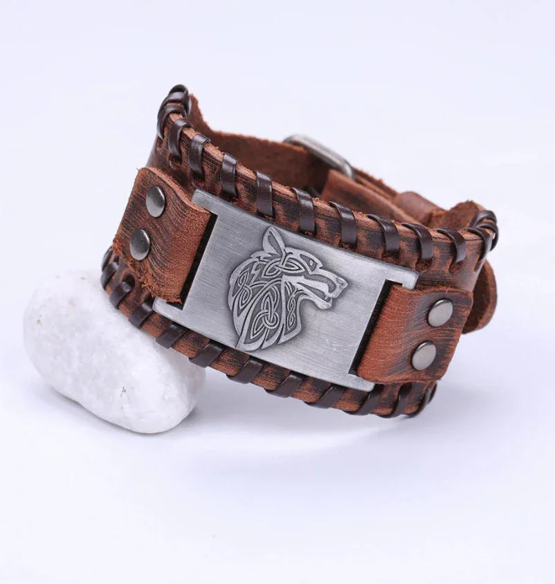 Fenrir Wolf Leather Wristband Band Bracelet For Men - Leather Wristband Wolf Engraving Cosplay Wristband Bracelet - Lazzy Panda