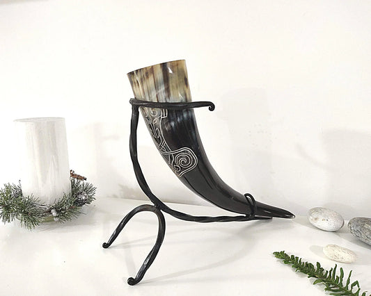 Viking Horn With Iron Stand Natural Decor Medieval Rim Horn Decor For Home - Medieval Viking Horn Decor Gift - viking mug - Lazzy Panda