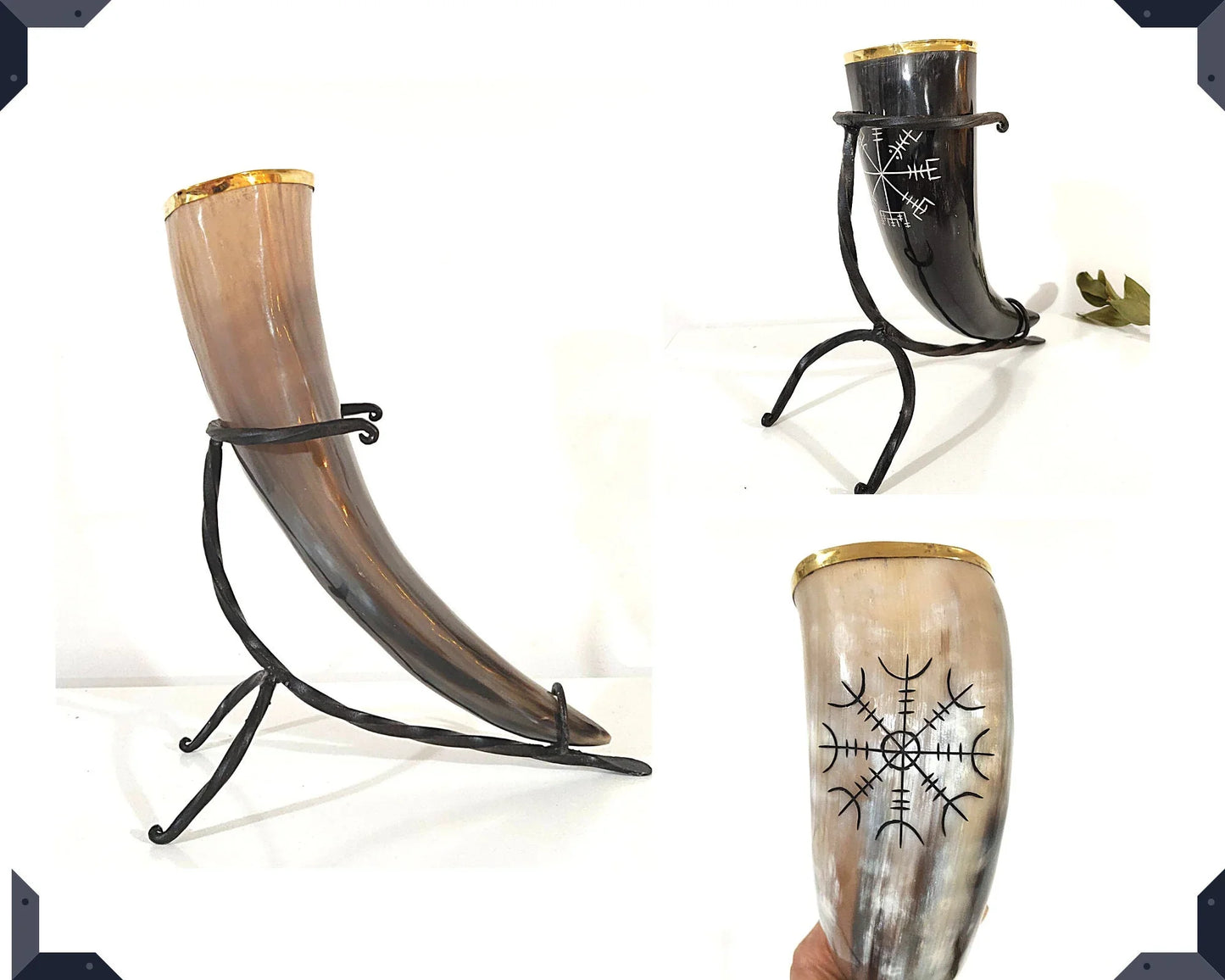 Viking Drinking Horn Cup With Iron Stand - Brass Rim Made Horn Mug Medieval Rustic Viking Beer Horn Drinking Decor - Lazzy Panda