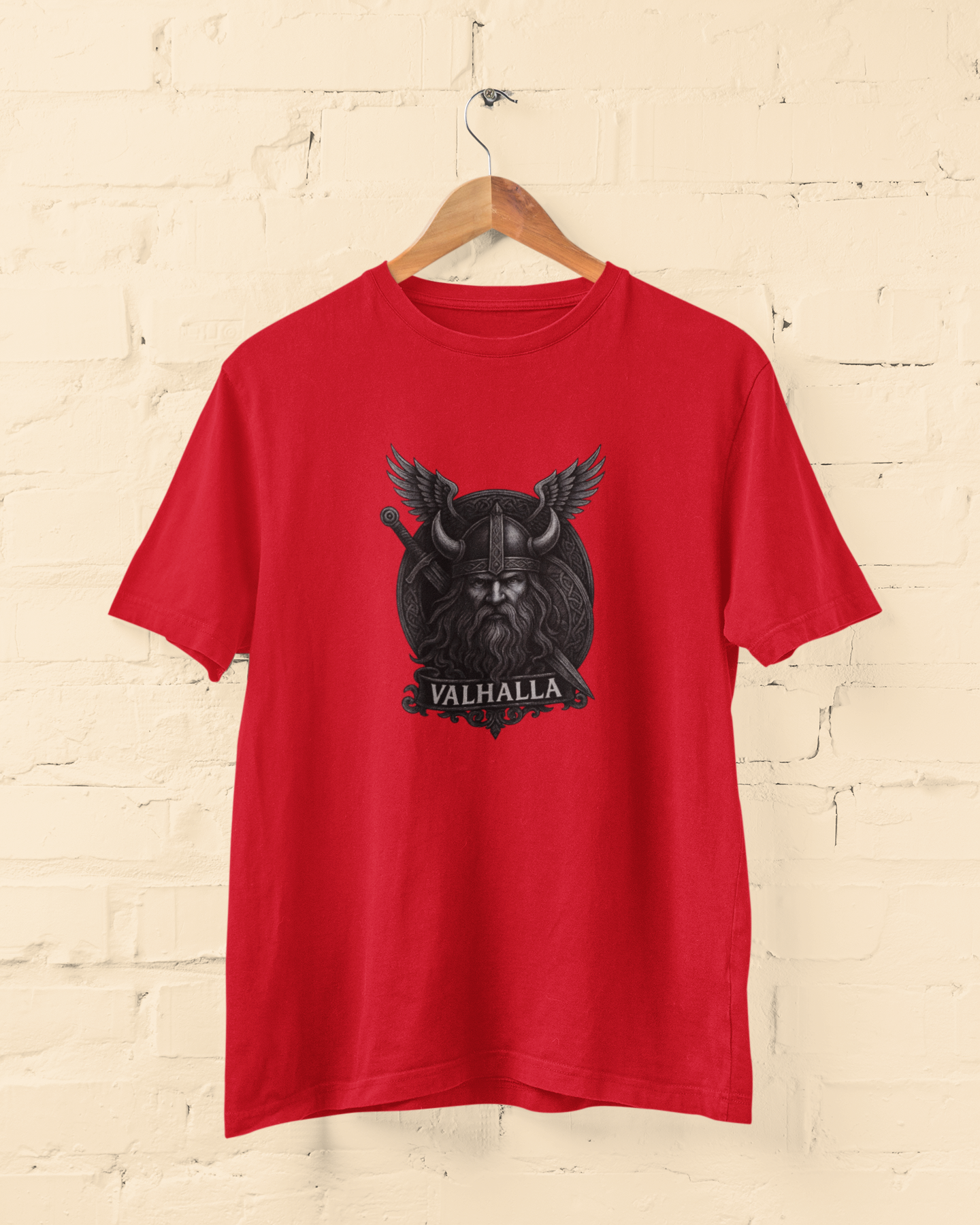 Valhalla Viking Warrior Unisex Red T-Shirt – Norse Mythology Tee - Lazzypanda