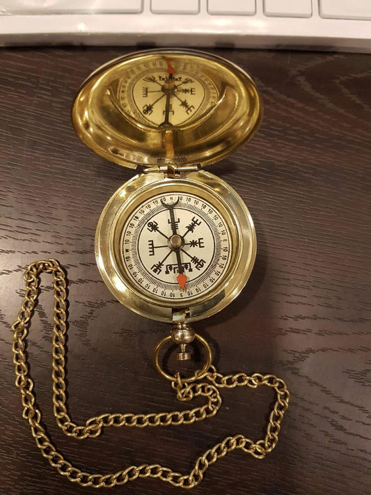 Brass Navigational Working Compass With Wooden Box Case - Norse Mythology Maritime Pocket Compass With Chain Personalized Gift - Lazzy Panda