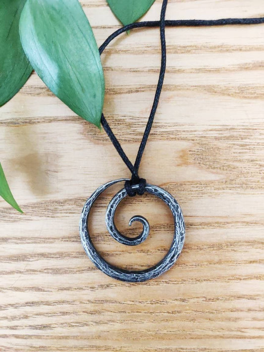 Medieval Viking Pendant Necklace - Celtic Spiral Hand-Forged Iron Styled Antique Adjustable Cord - Pendant Gift