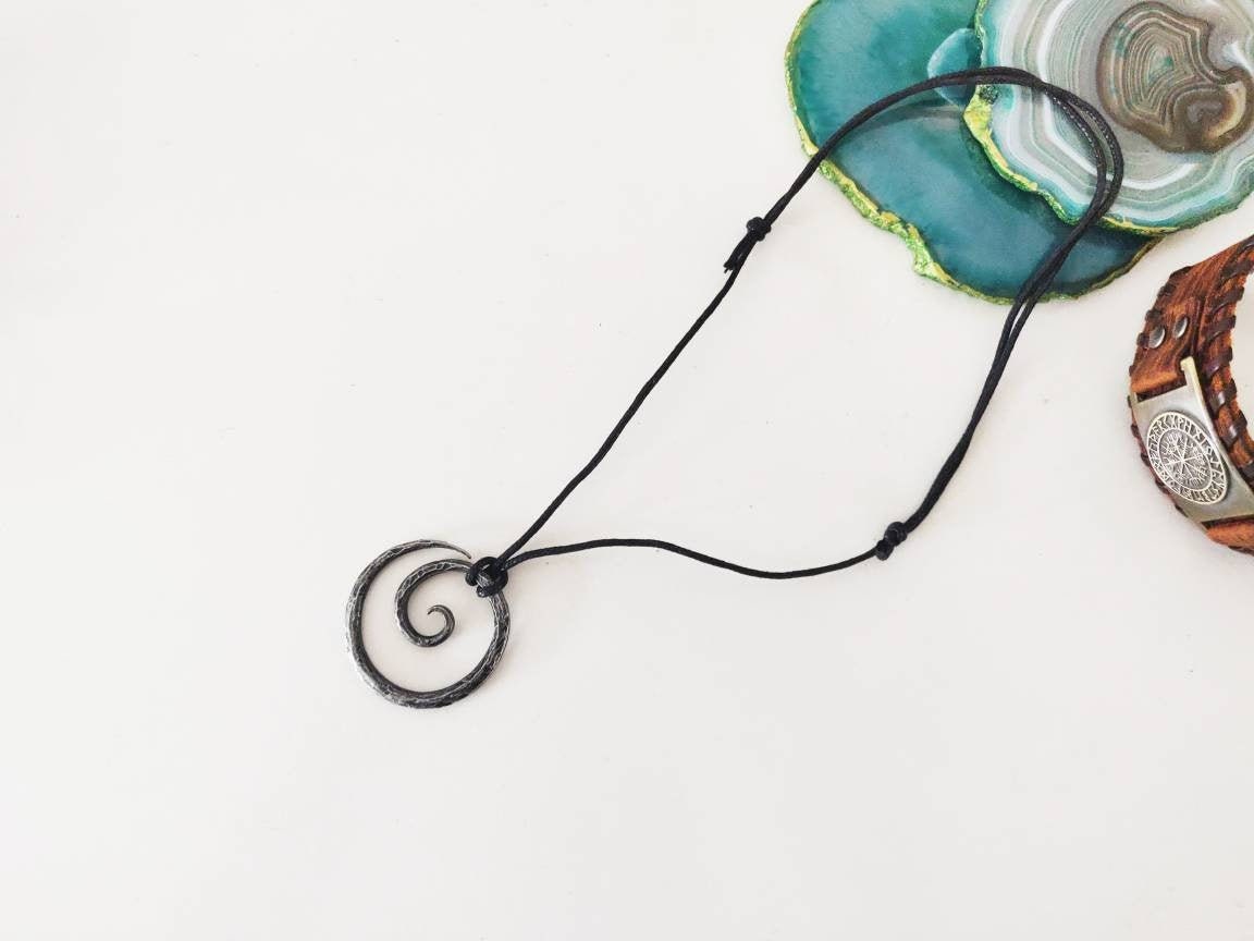 Medieval Viking Pendant Necklace - Celtic Spiral Hand-Forged Iron Styled Antique Adjustable Cord - Pendant Gift