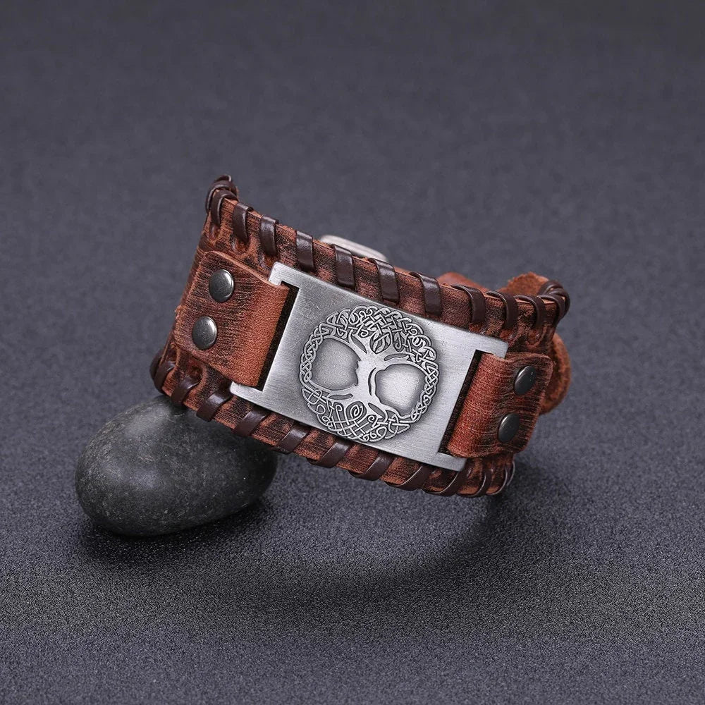 Leather Wristband Tree Engraving Medieval Rustic Band With Stripe Vintage Hand Jewelry - Lazzy Panda