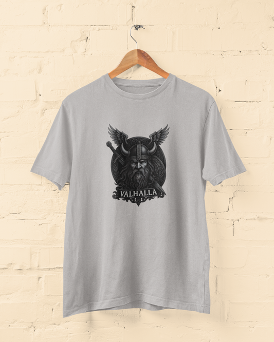 Valhalla Viking Warrior Unisex Grey T-Shirt – Norse Mythology Tee - Lazzypanda